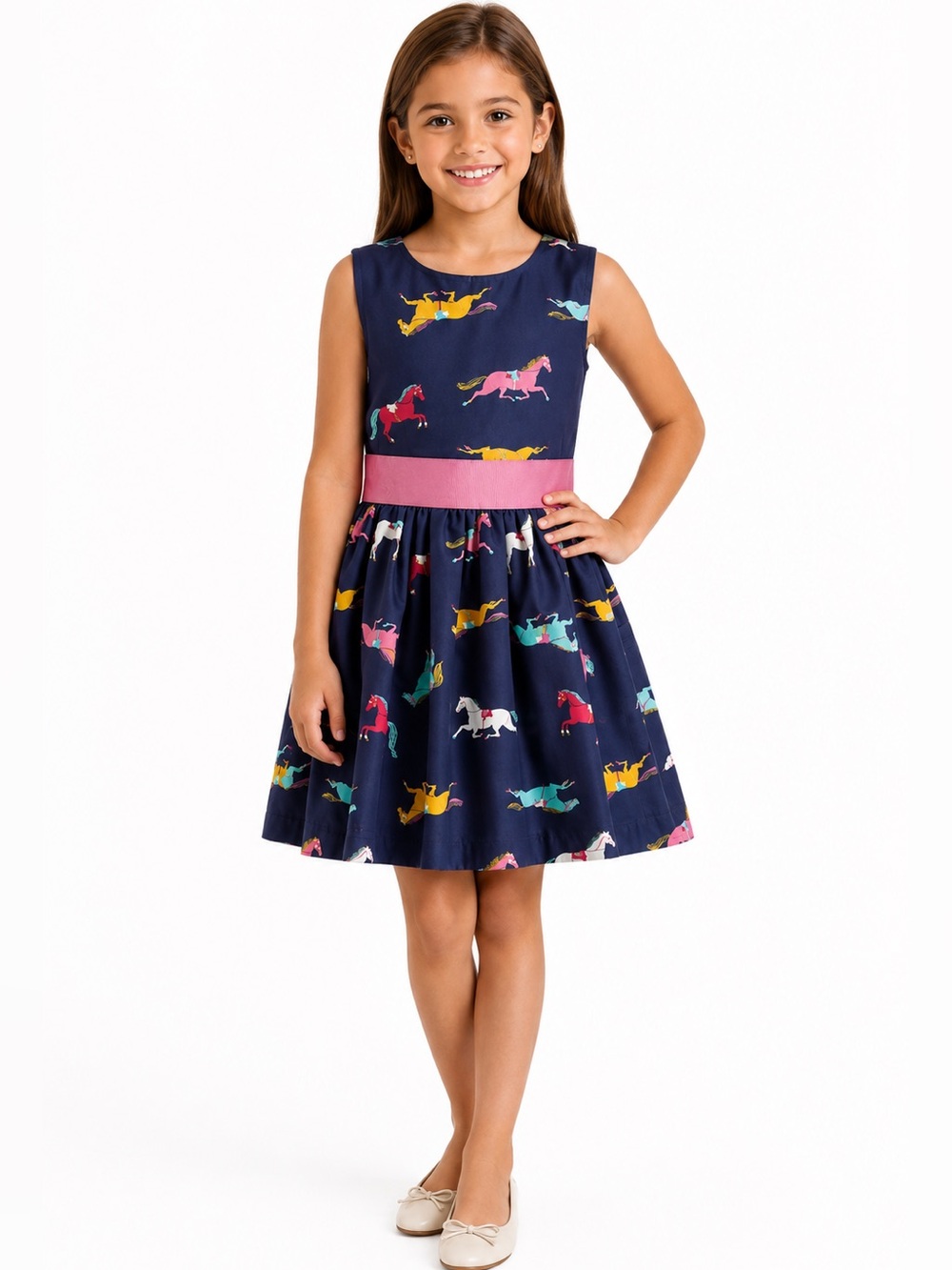 Joules Navy Dress with Pink Waistband, Back Bow and Multicolor Horse print